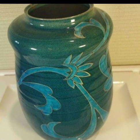 1993年 青峰窯 九谷焼 あい色壺 24.5cm