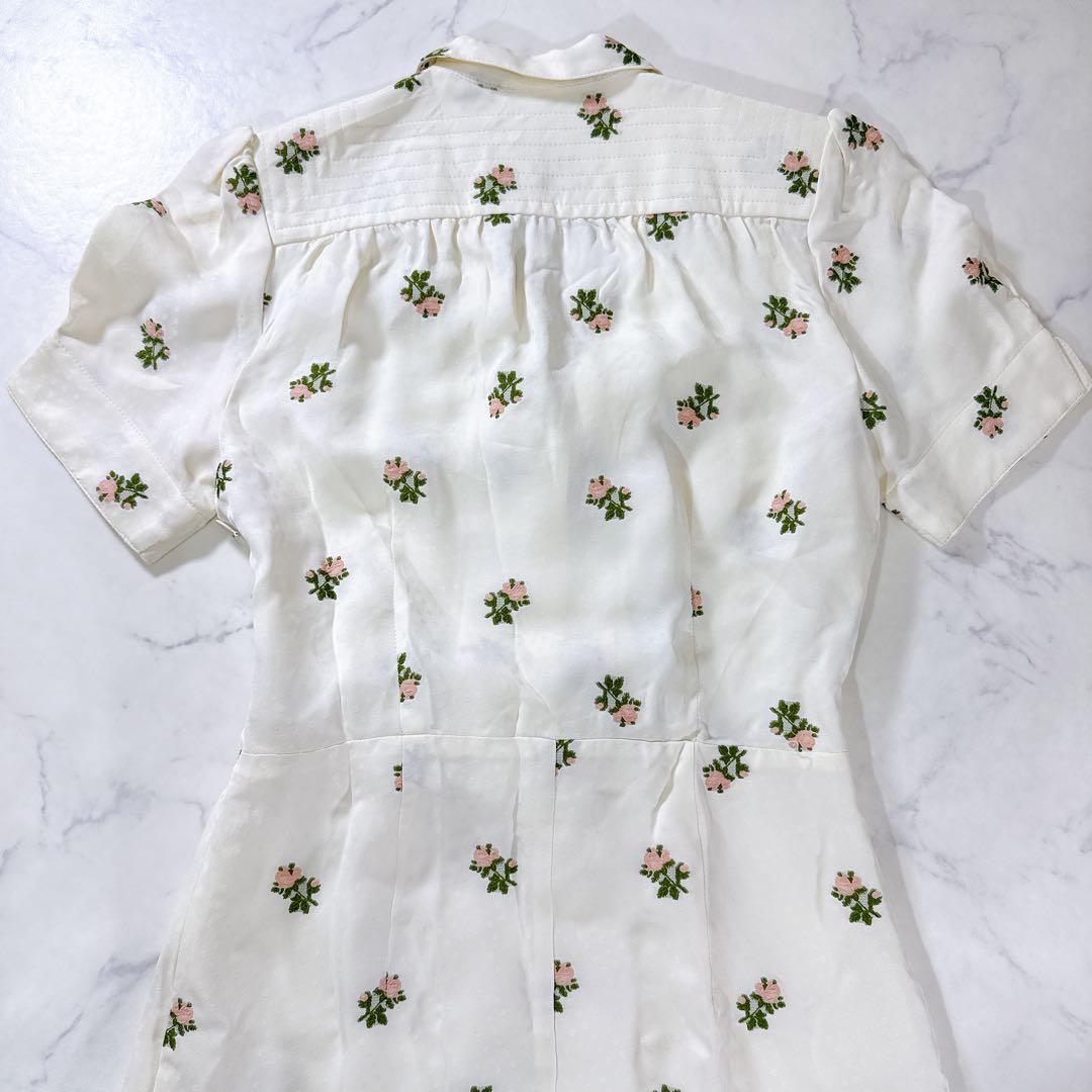 タグ付♡Rouje 花柄ワンピース 刺繍 半袖 ウエストリボン 上品 開襟 36