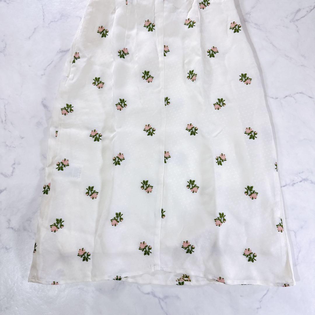 タグ付♡Rouje 花柄ワンピース 刺繍 半袖 ウエストリボン 上品 開襟 36