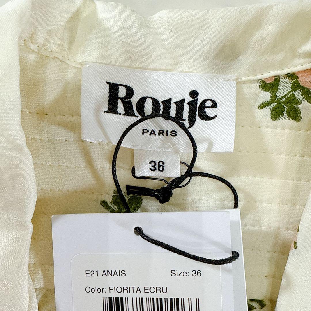 タグ付♡Rouje 花柄ワンピース 刺繍 半袖 ウエストリボン 上品 開襟 36
