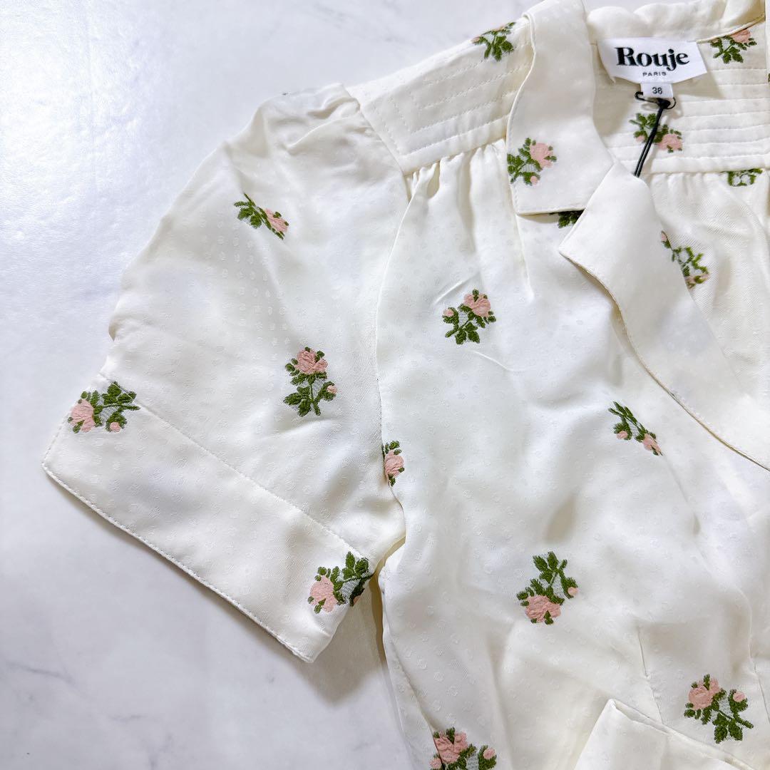 タグ付♡Rouje 花柄ワンピース 刺繍 半袖 ウエストリボン 上品 開襟 36