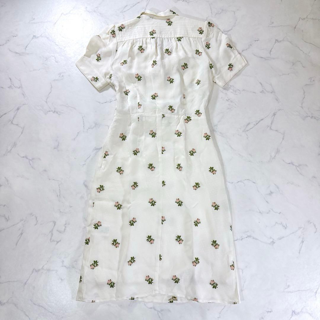 タグ付♡Rouje 花柄ワンピース 刺繍 半袖 ウエストリボン 上品 開襟 36