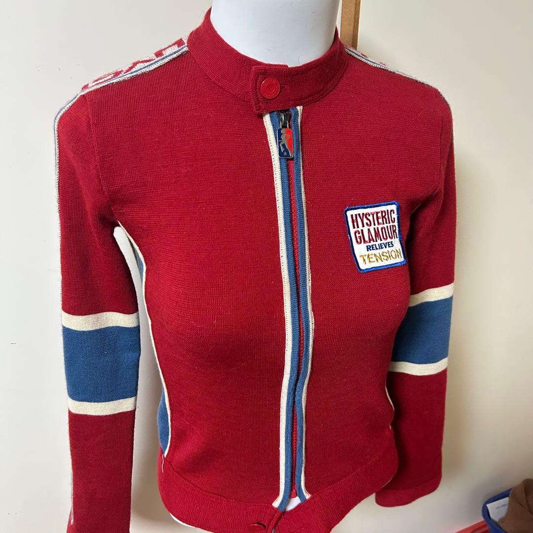 90s HYSTERIC GLAMOUR ニットジャケット　袖ロゴ　ワッペン