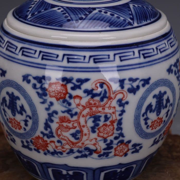 大清康熙青花釉里紅草竜紋蓋缶 茶葉缶 景徳鎮 陶磁器 装飾品 現代工芸品 置物