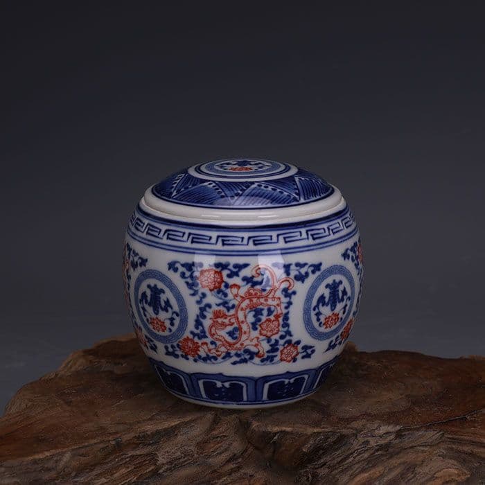 大清康熙青花釉里紅草竜紋蓋缶 茶葉缶 景徳鎮 陶磁器 装飾品 現代工芸品 置物