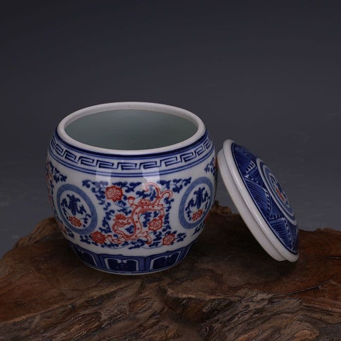 大清康熙青花釉里紅草竜紋蓋缶 茶葉缶 景徳鎮 陶磁器 装飾品 現代工芸品 置物