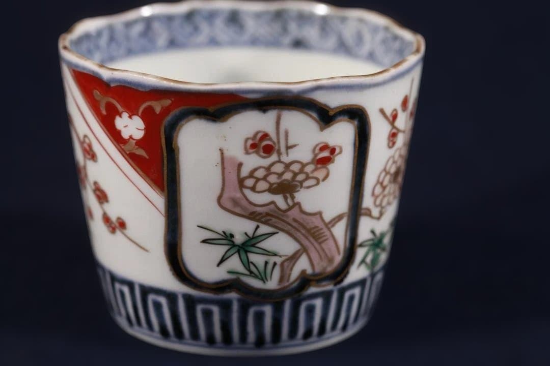 498　古伊万里大振色絵窓絵松竹梅図蕎麦猪口　無傷美品　幕末