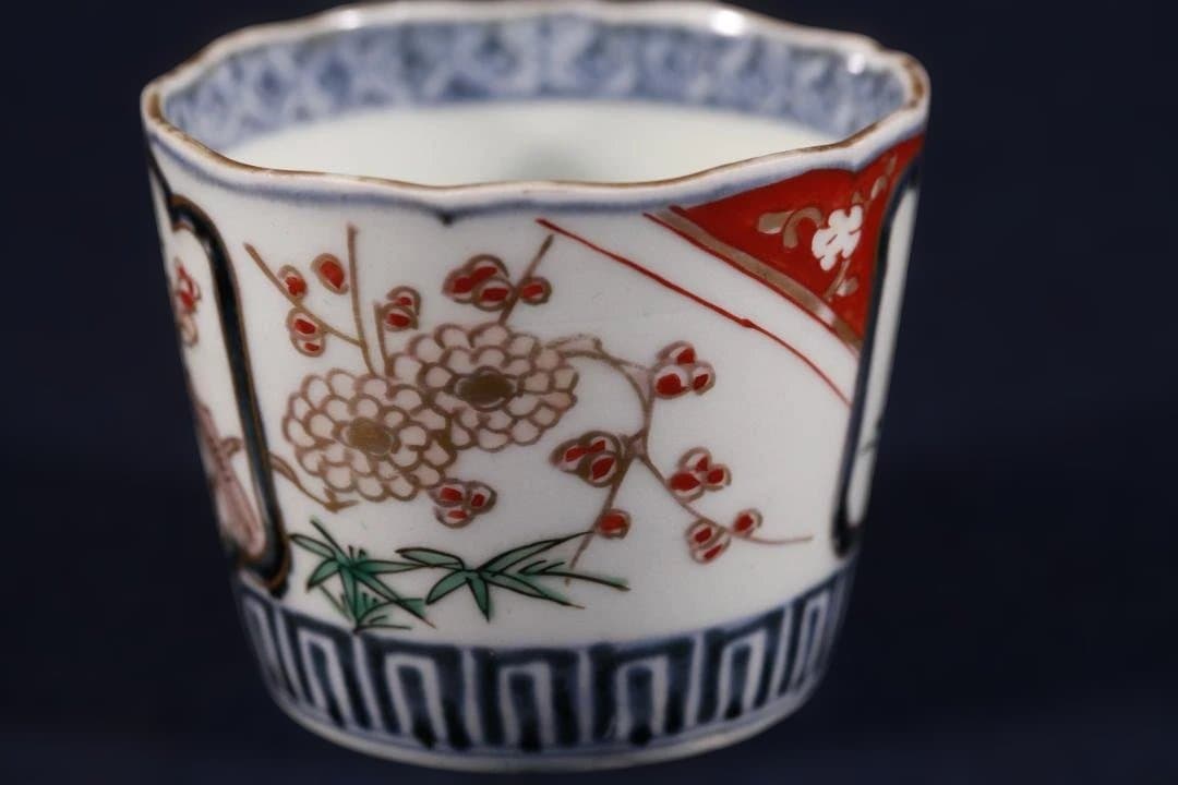 498　古伊万里大振色絵窓絵松竹梅図蕎麦猪口　無傷美品　幕末