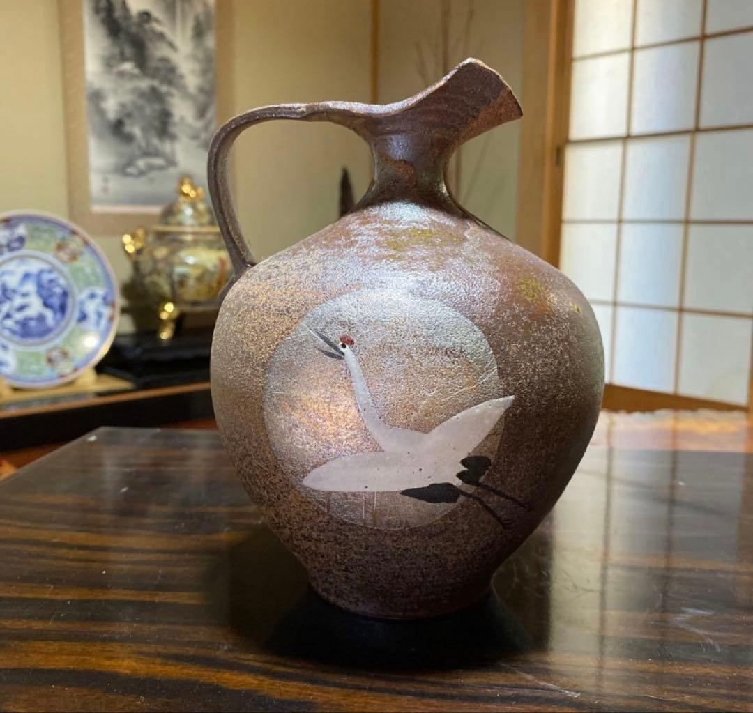 九谷焼　北村隆　作　竹隆窯　花瓶　フラワーベース　鶴　壺　ツボ　縁起物