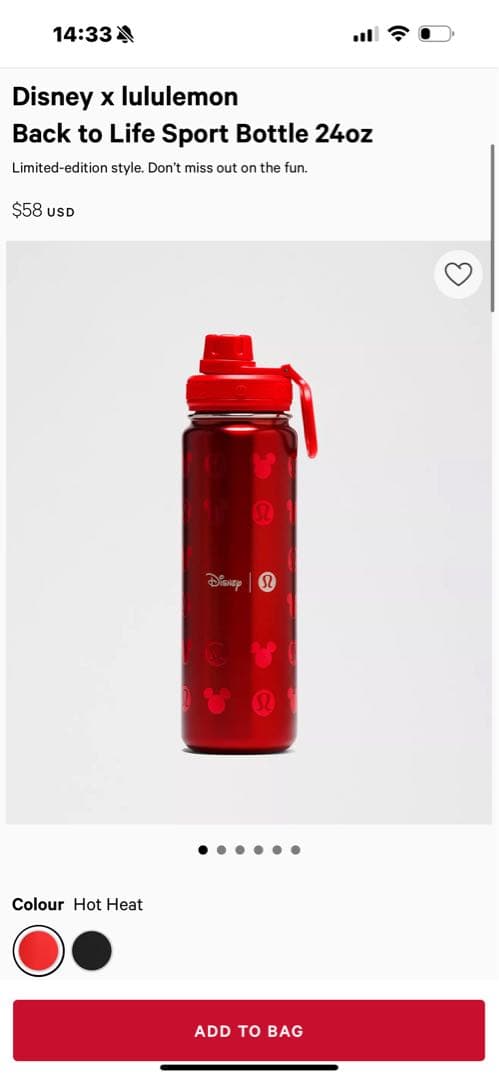 日本未発売　ルルレモン & Disney スポーツボトル24oz(710ml)赤