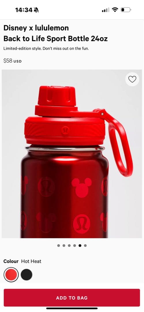 日本未発売　ルルレモン & Disney スポーツボトル24oz(710ml)赤