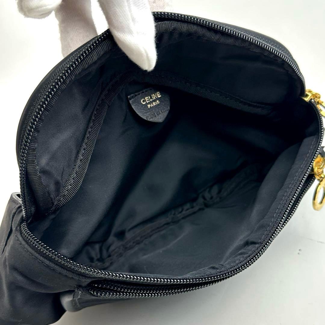 【美品】セリーヌ　ウエストポーチ　サークル　ゴールド金具　ナイロン　レザー　黒色