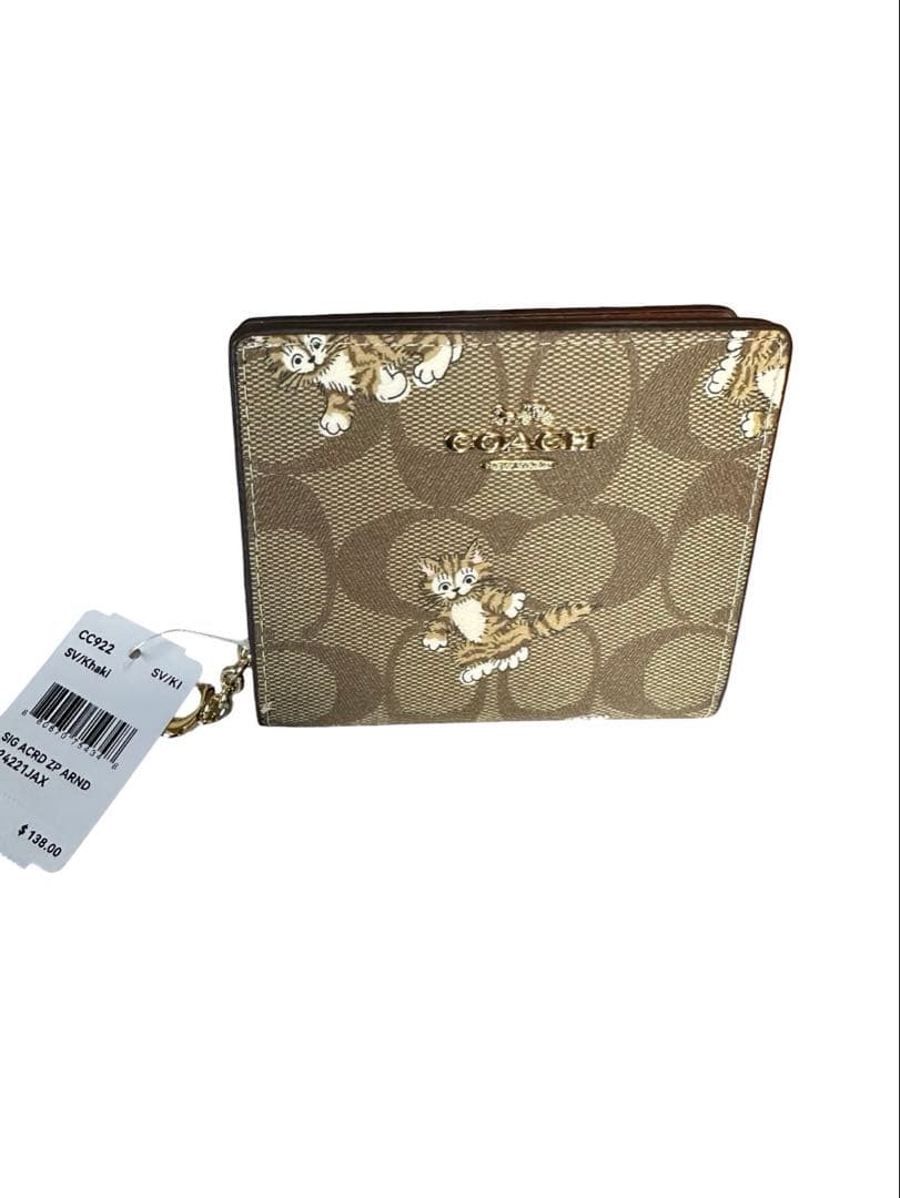 COACH コーチ 二つ折り財布 シグネチャー 猫 キャット柄レザー ブラウン系