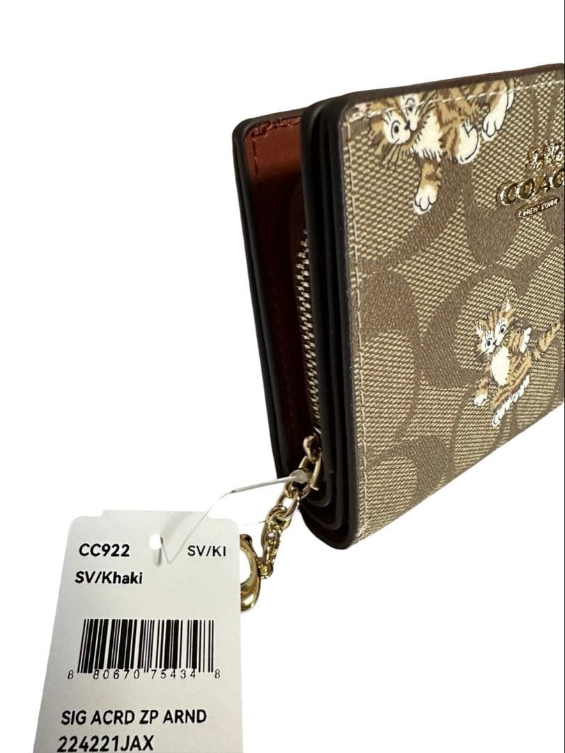 COACH コーチ 二つ折り財布 シグネチャー 猫 キャット柄レザー ブラウン系