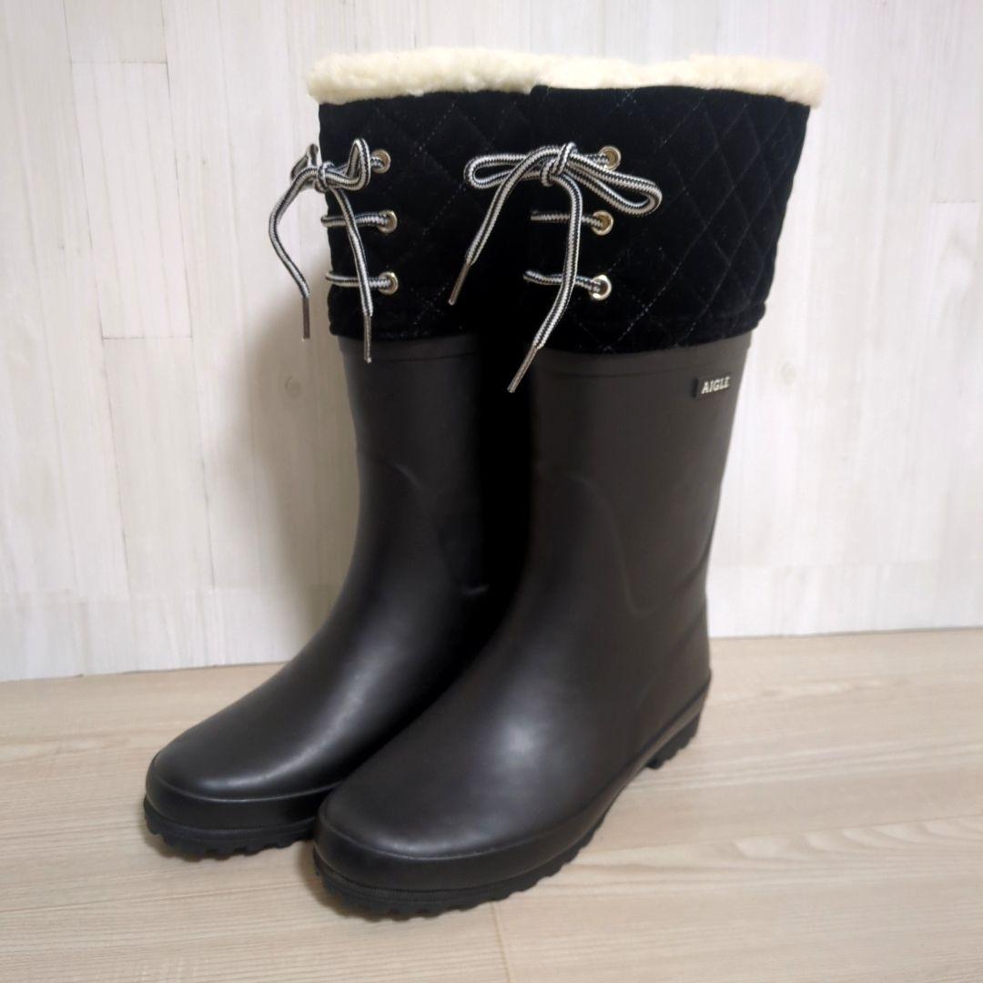 AIGLE 長靴 ラバーブーツ スノーブーツ ボア ブラック 23.0cm