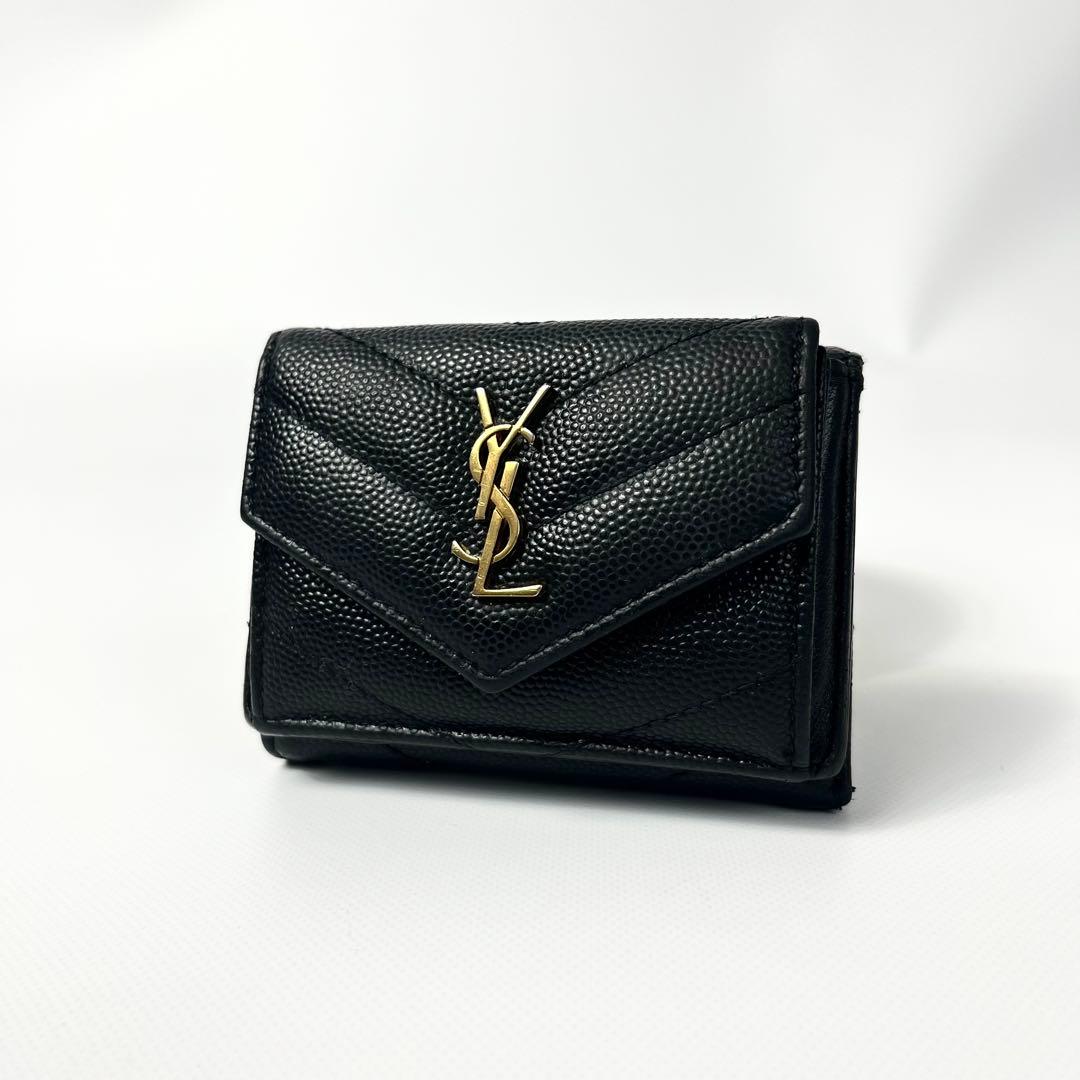 希少✨サンローラン 三つ折り財布 YSL カサンドラ キャビアスキン ブラック