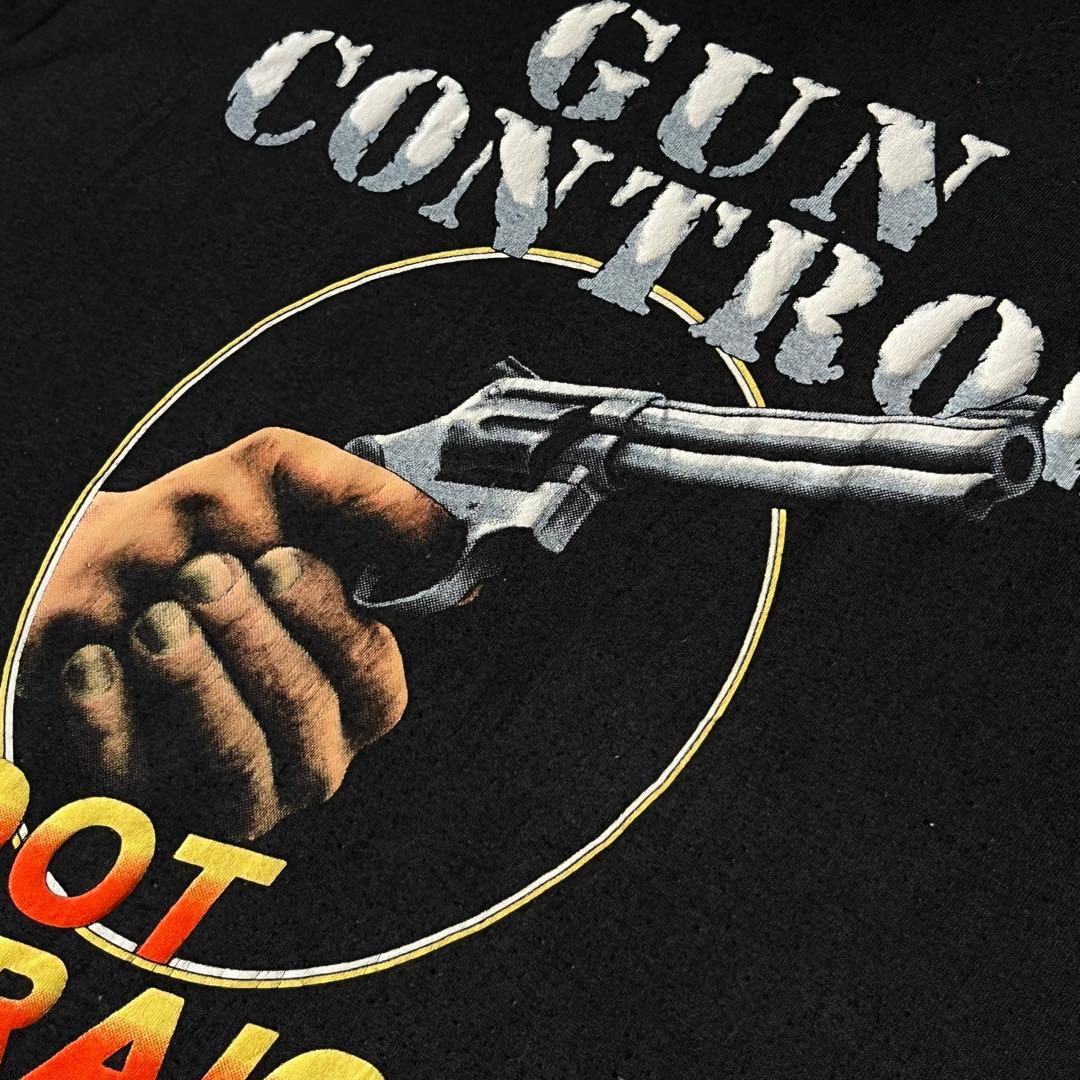 90s 3D emblem”GUN CONTROL”アートTシャツ ハーレー