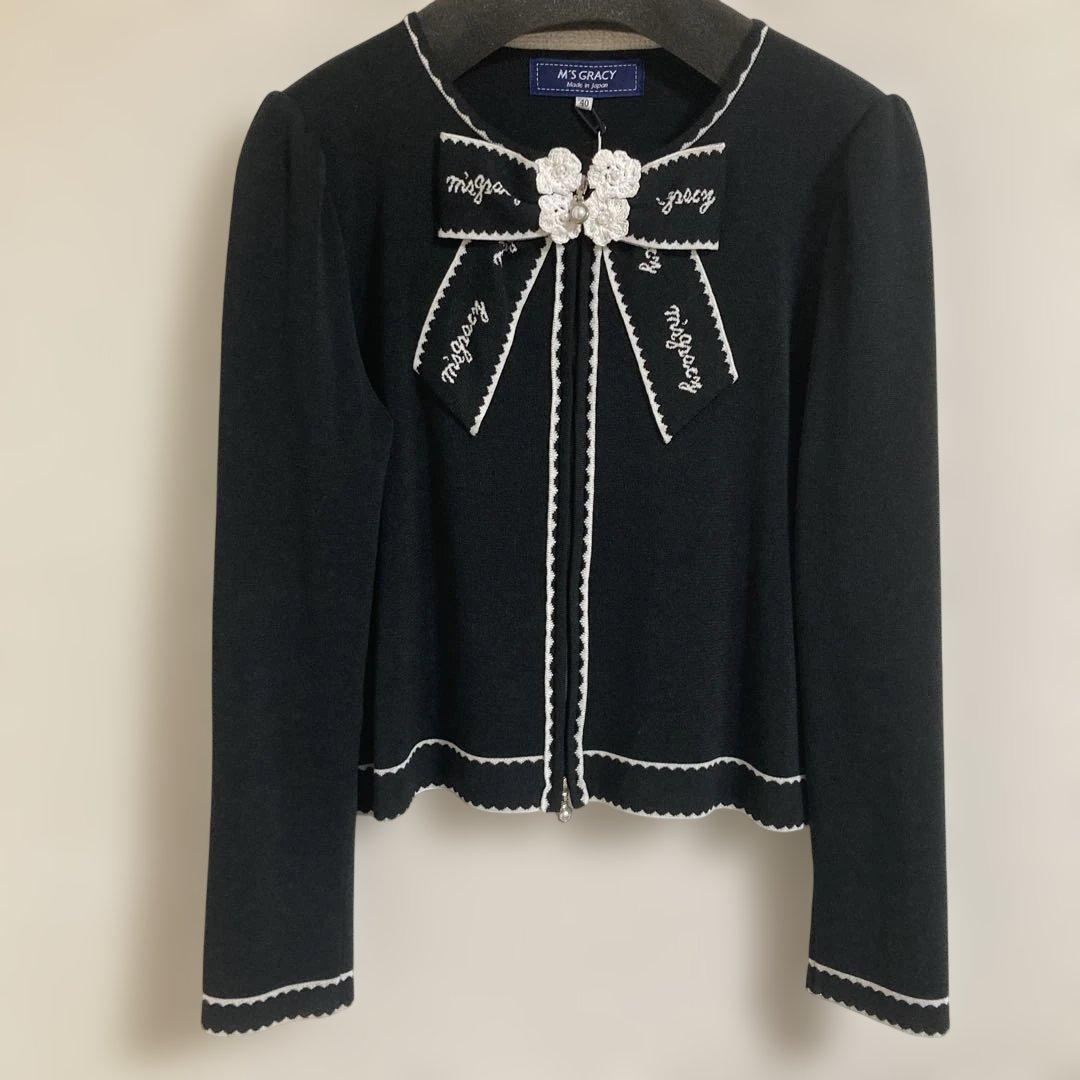 M'S GRACY お花 リボン ダブルジップ ニット カーディガン 黒 40