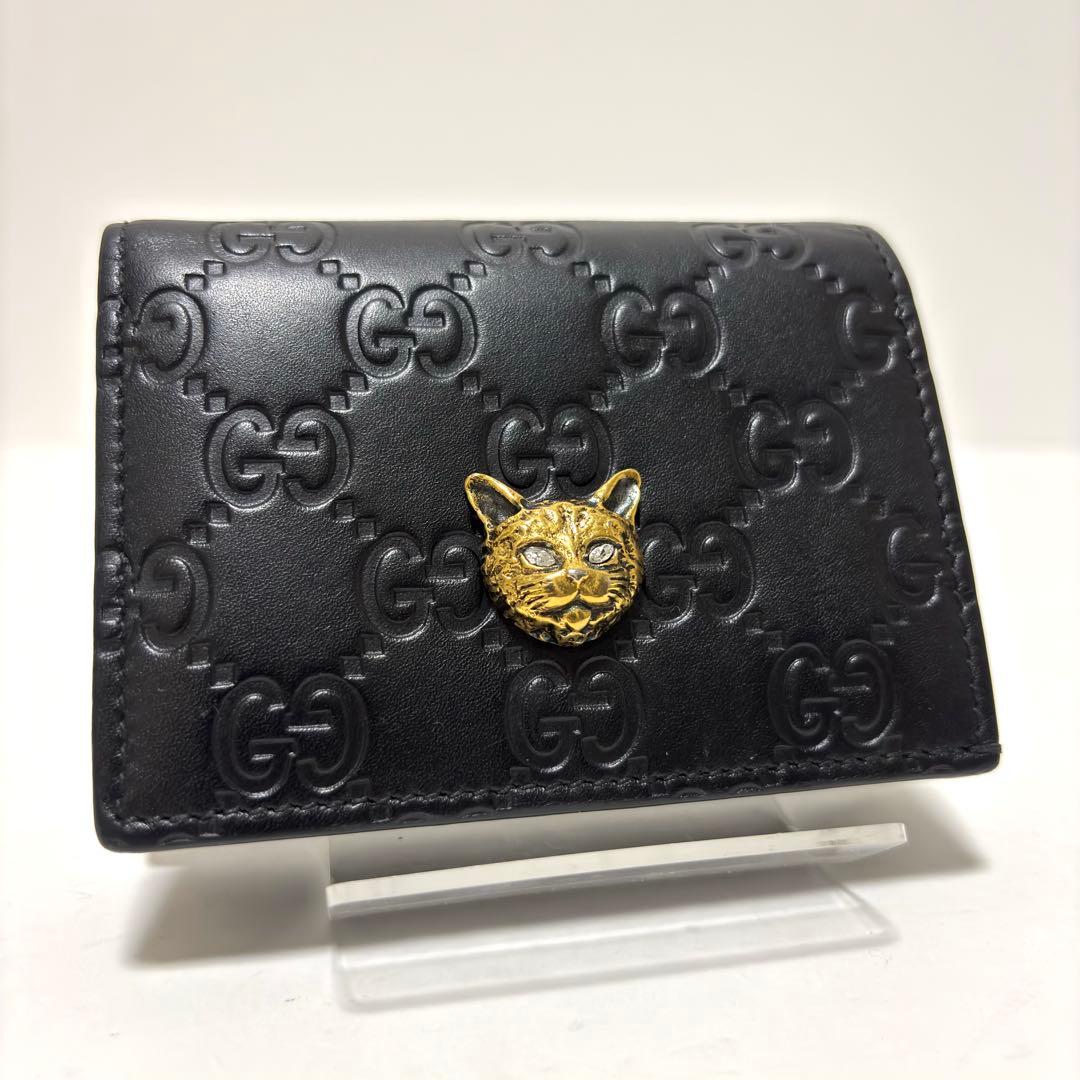 544✨美品✨グッチ 二つ折り財布 リネアキャット シマレザー ネコ ブラック