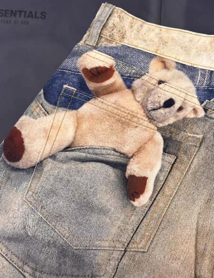 テディベアデザイン ストレートデニムパンツ