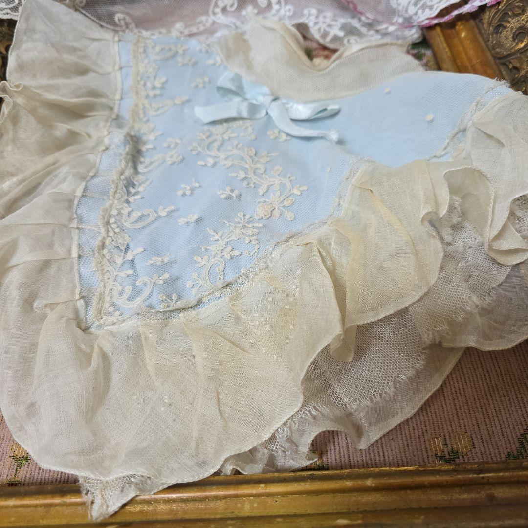 フランスアンティーク　襟　シルク　リネン　手刺繍　空色　ビスクドール　テディベア