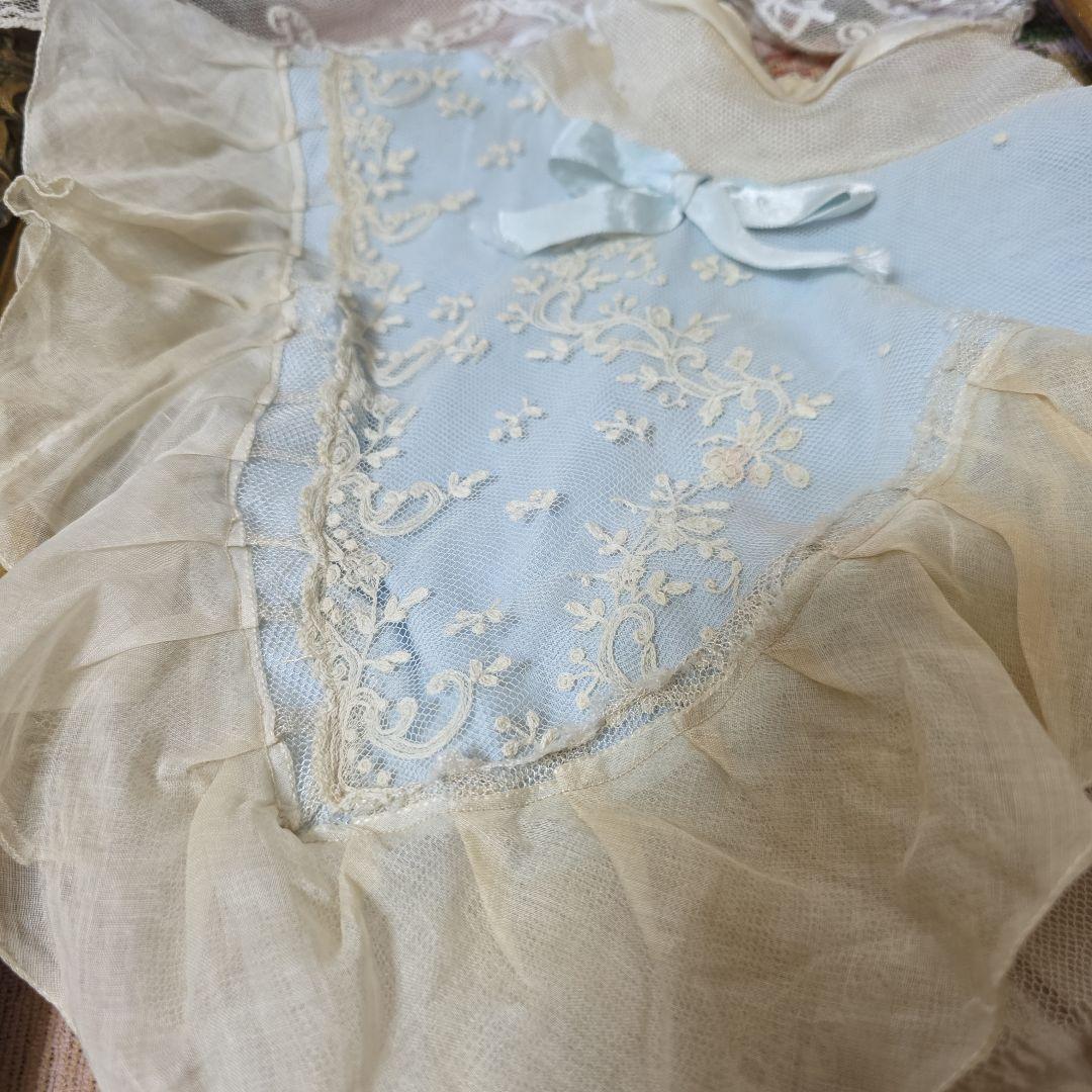 フランスアンティーク　襟　シルク　リネン　手刺繍　空色　ビスクドール　テディベア