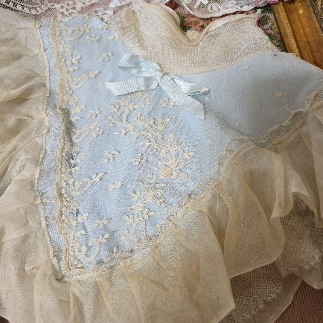 フランスアンティーク　襟　シルク　リネン　手刺繍　空色　ビスクドール　テディベア