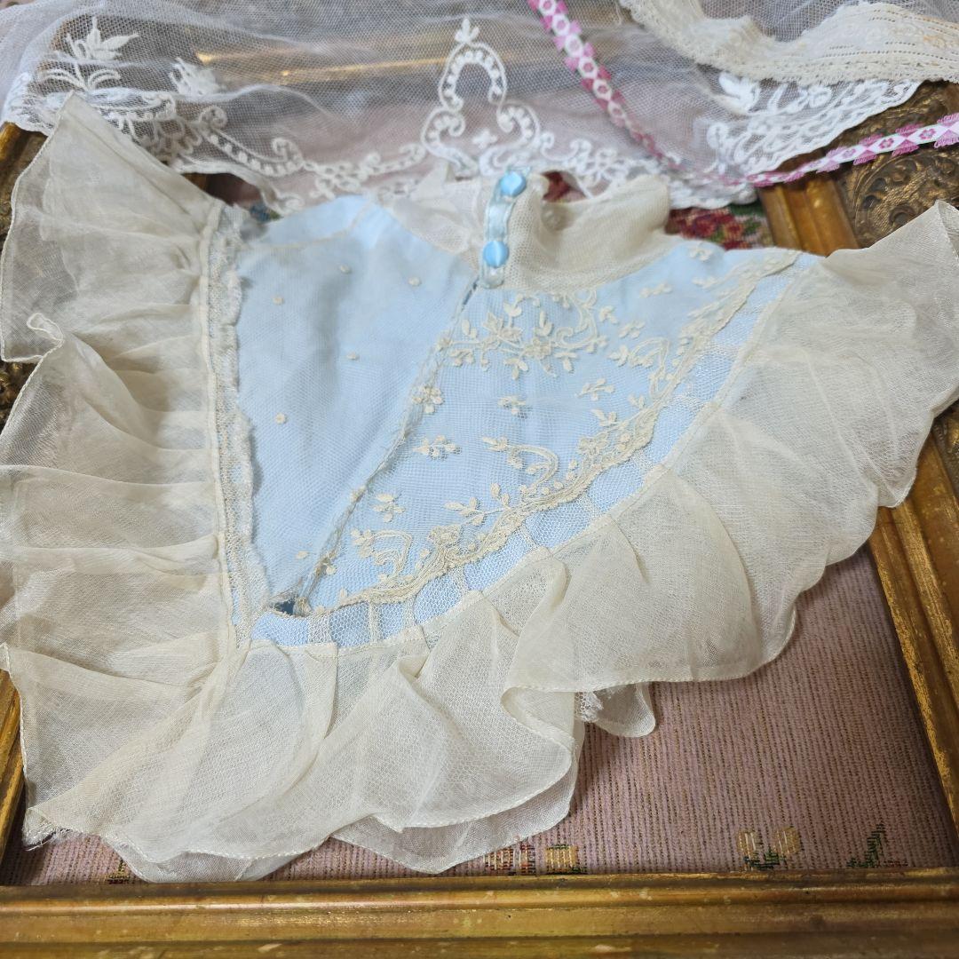 フランスアンティーク　襟　シルク　リネン　手刺繍　空色　ビスクドール　テディベア