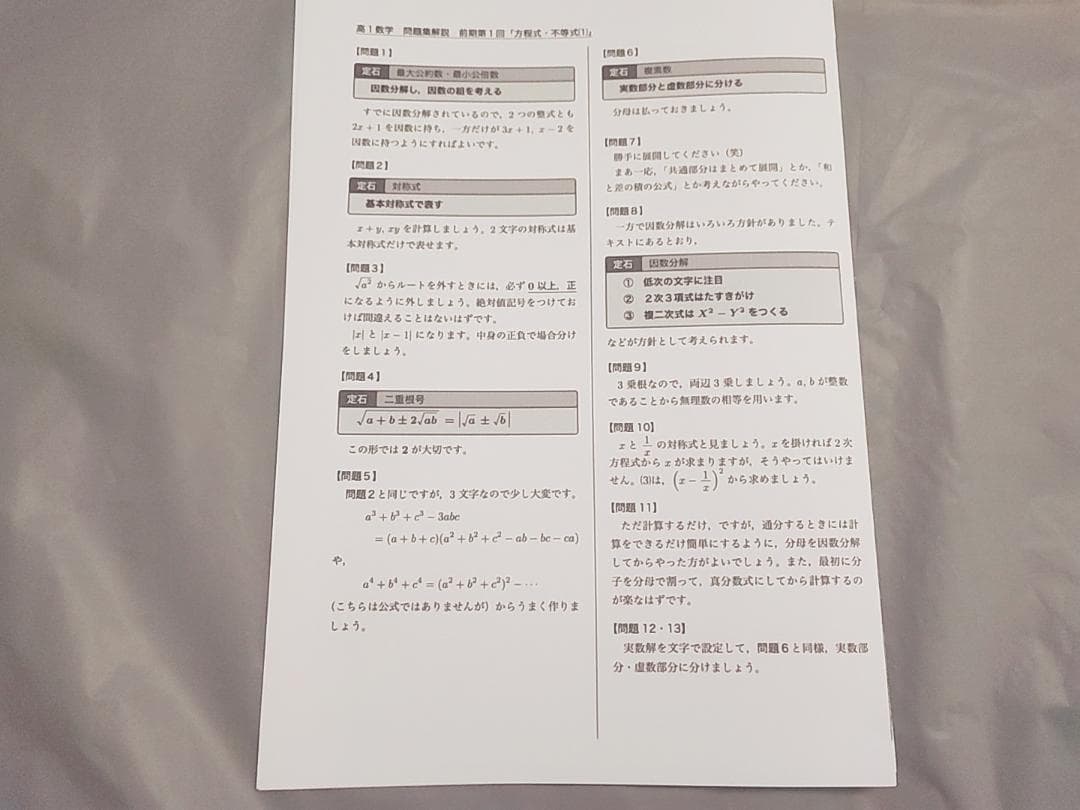 鉄緑会　高１数学発展講座　問題集解説プリント　最新版通期フルセット 駿台　河合塾