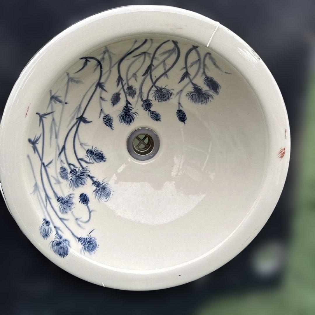 陶器製 洗面ボウル 青い花模様 陶器洗面台 手洗い器
