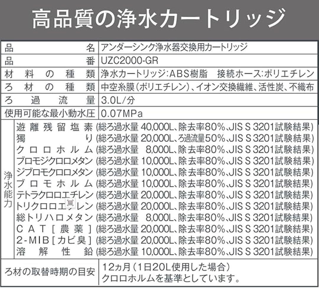 UZC2000-GR 交換用浄水カートリッジ アンダーシンク互換　12物質除去