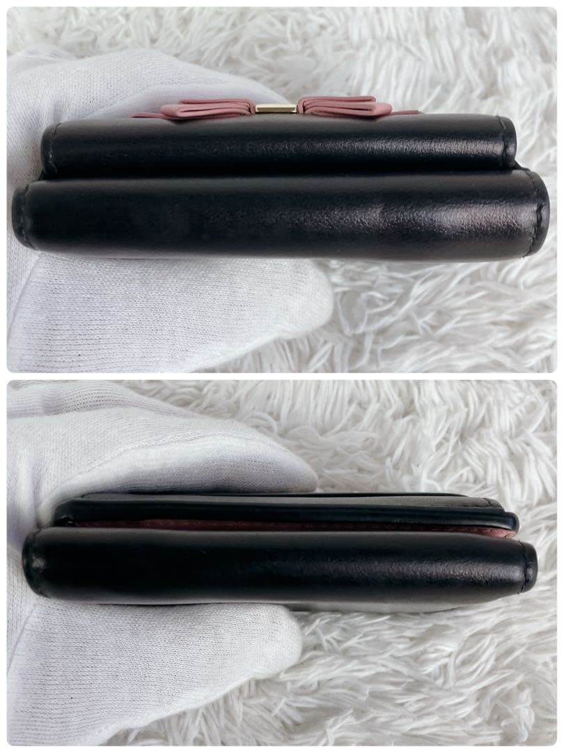 美品✨ミュウミュウ　折り財布　マドラス　リボン　レザー　バイカラー　黒　ピンク