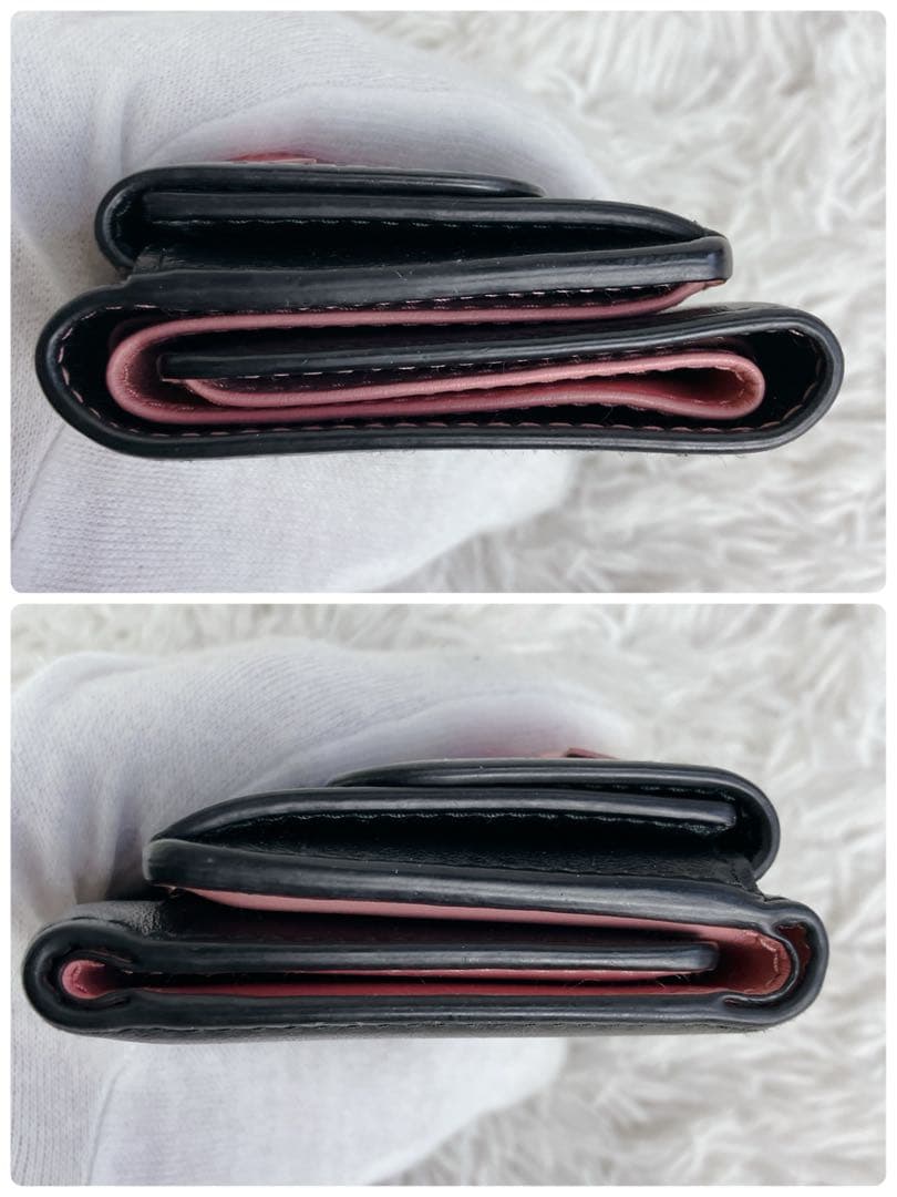 美品✨ミュウミュウ　折り財布　マドラス　リボン　レザー　バイカラー　黒　ピンク
