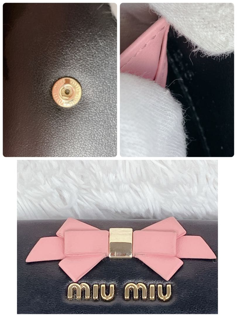 美品✨ミュウミュウ　折り財布　マドラス　リボン　レザー　バイカラー　黒　ピンク