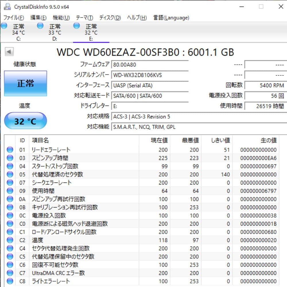 ひ*ん様 [4台]WD Blue 6TB ハードディスクドライブ 動作中古品 静