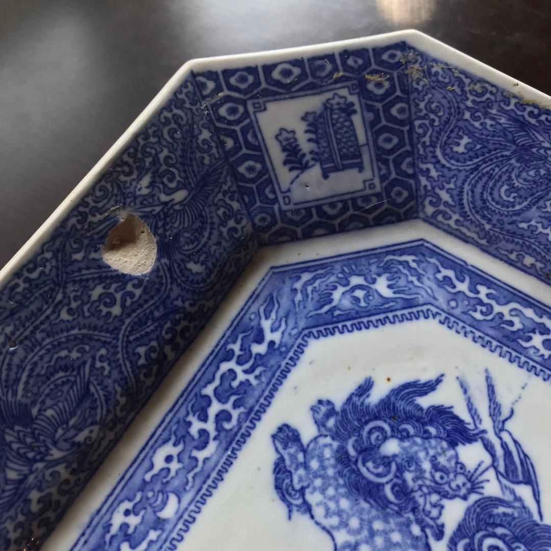 美品　陶器　年代物　八角絵皿　丁寧に描かれた獅子や牡丹の絵柄が素敵な　古道具