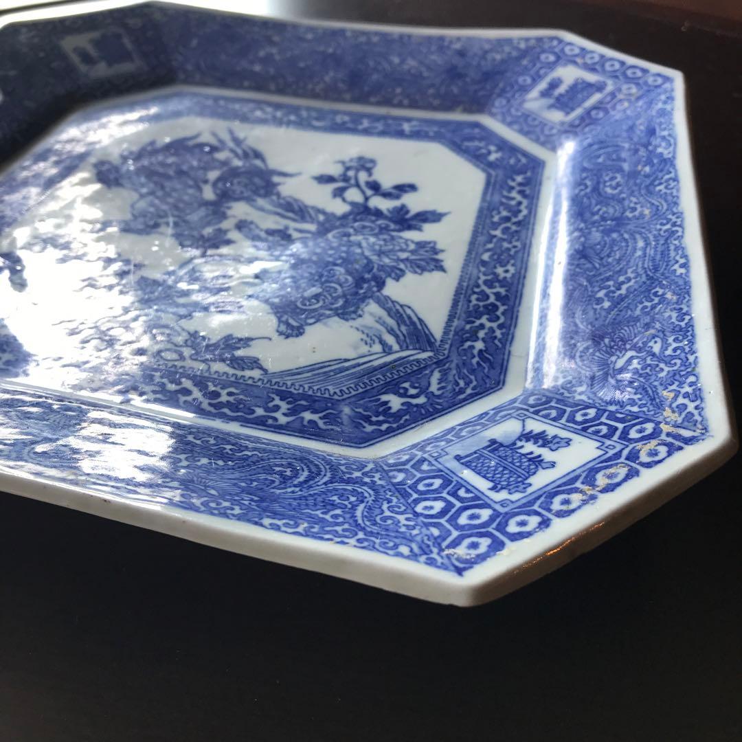 美品　陶器　年代物　八角絵皿　丁寧に描かれた獅子や牡丹の絵柄が素敵な　古道具