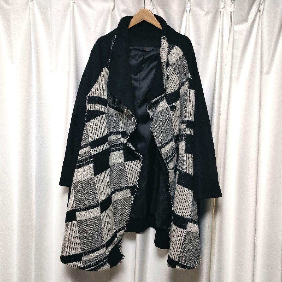 【美品】萌 萠 もゆる 変形 チェック ウールコート 切りっぱなし