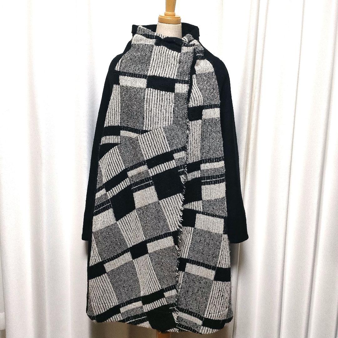 【美品】萌 萠 もゆる 変形 チェック ウールコート 切りっぱなし