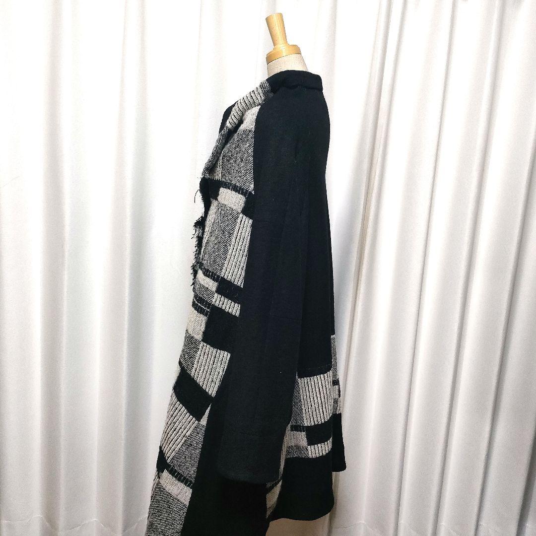 【美品】萌 萠 もゆる 変形 チェック ウールコート 切りっぱなし