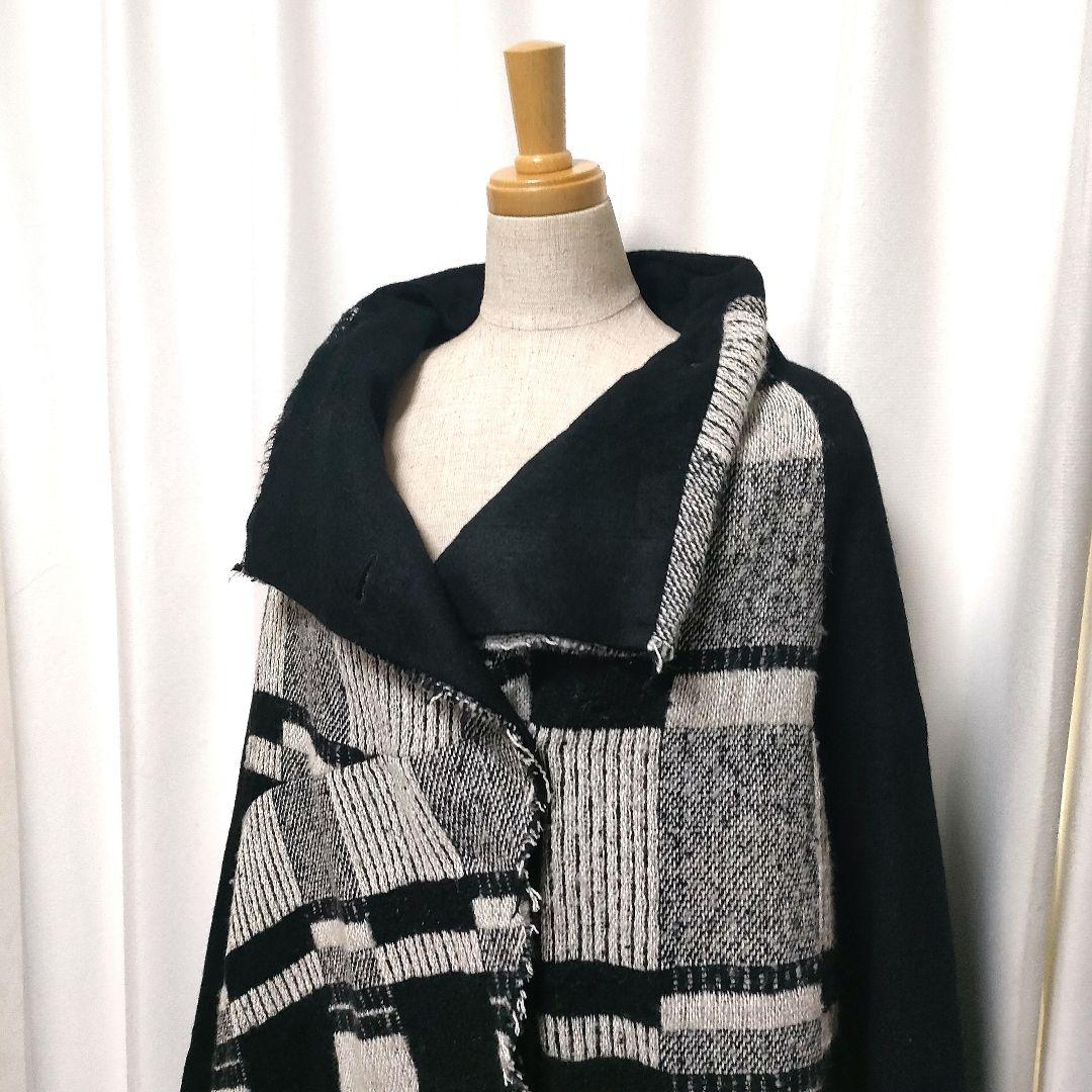 【美品】萌 萠 もゆる 変形 チェック ウールコート 切りっぱなし