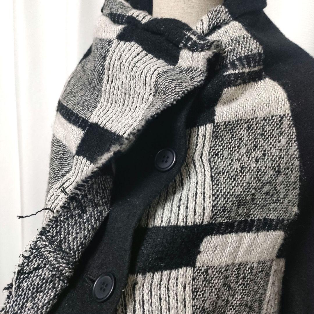 【美品】萌 萠 もゆる 変形 チェック ウールコート 切りっぱなし