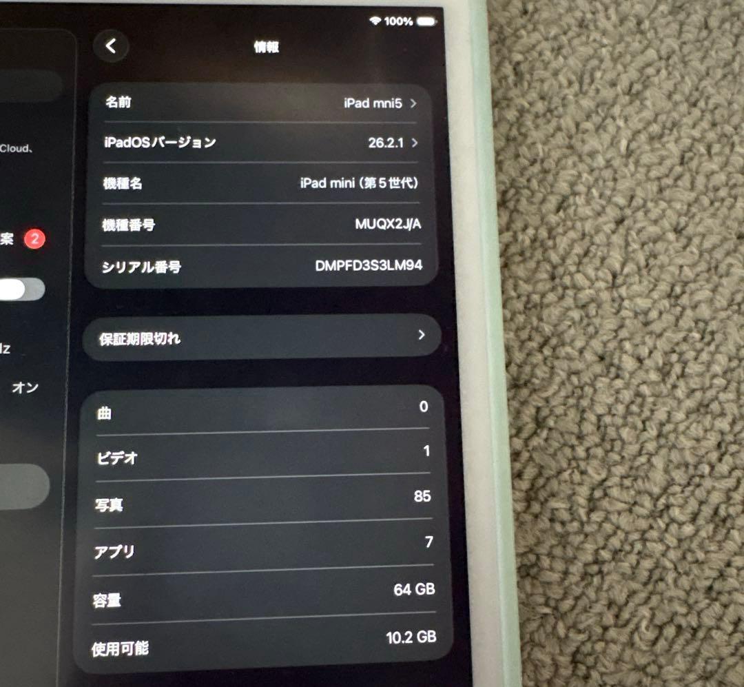 iPad mini5 Wi-Fi版 64G バッテリー最大容量87%