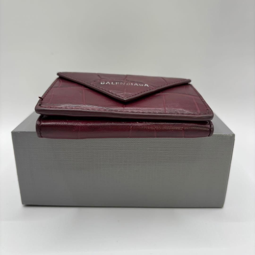 BALENCIAGA 三つ折り財布　クロコ　型押し　ボルドー　財布　レザー