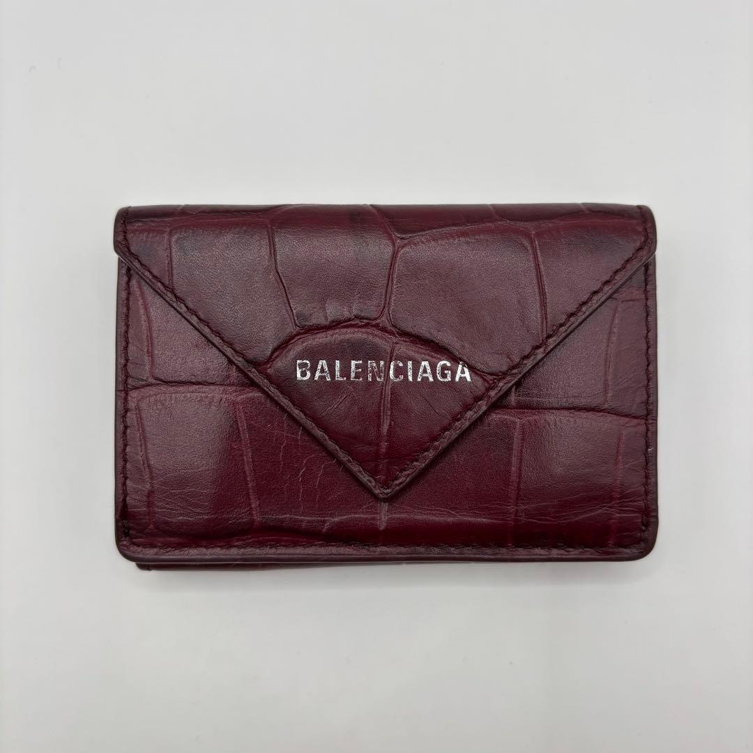 BALENCIAGA 三つ折り財布　クロコ　型押し　ボルドー　財布　レザー