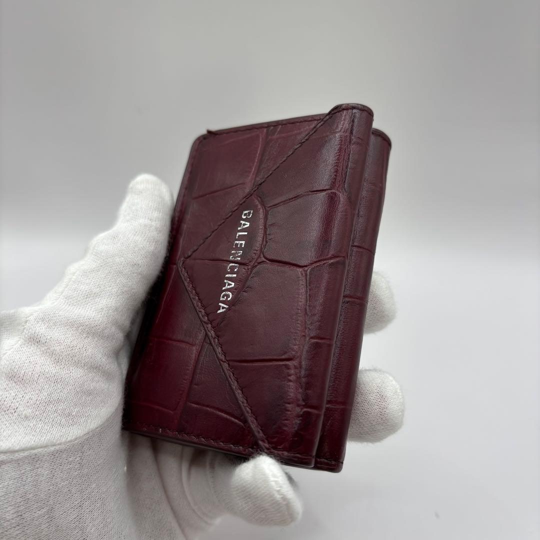 BALENCIAGA 三つ折り財布　クロコ　型押し　ボルドー　財布　レザー