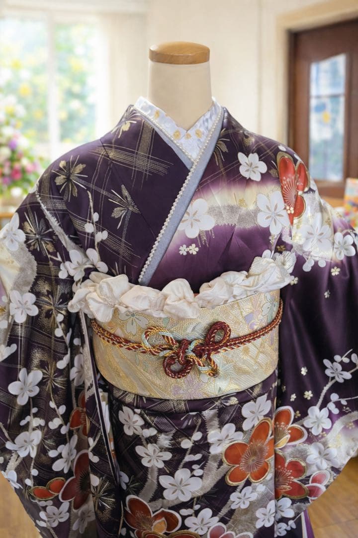 【★極美品★】正絹振袖フルセット✨ 古典柄 新品バッグ付 紫 赤 白
