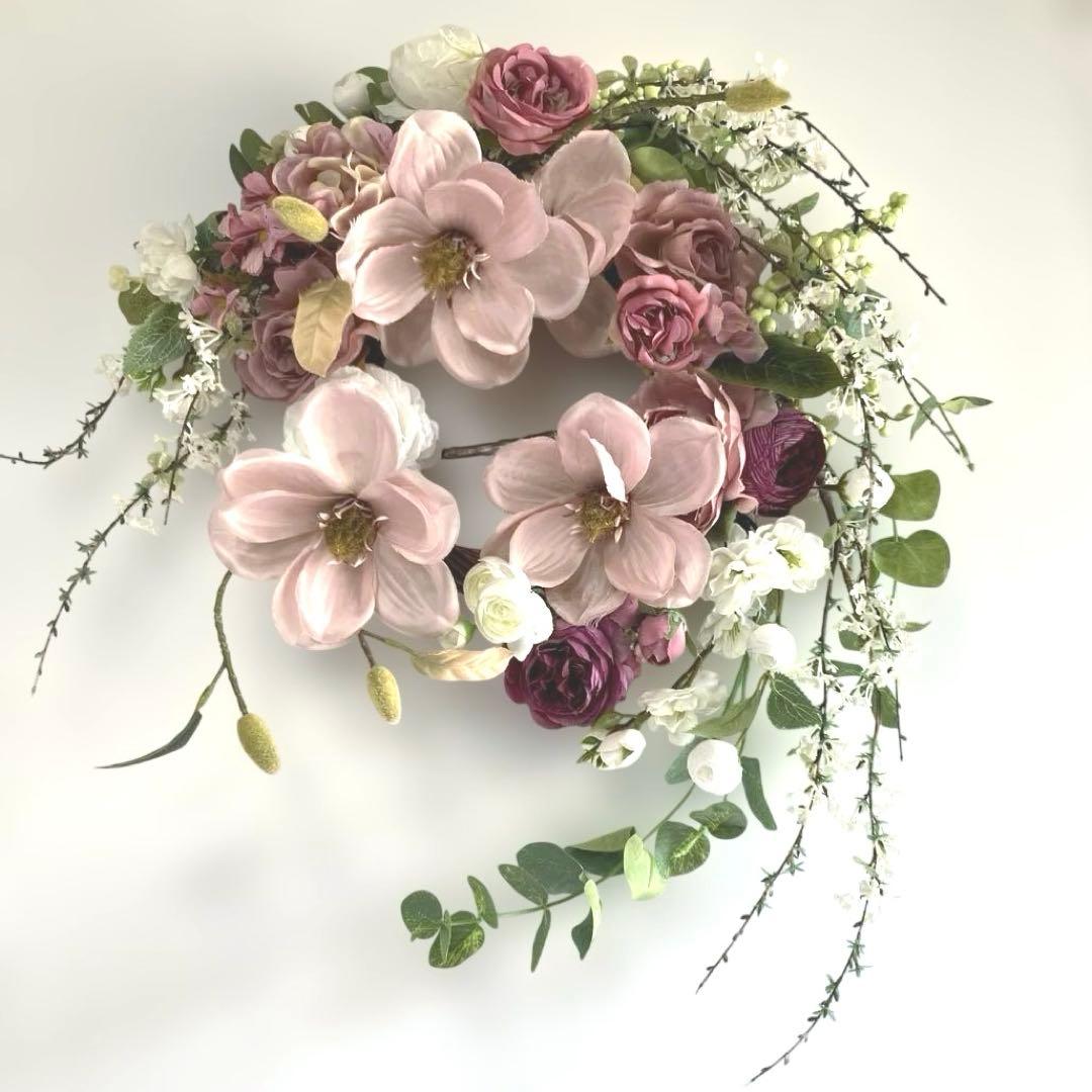 『春の華』　薄紅木蓮とユキヤナギのリース　モクレン最後の一点1番大きい限定品！