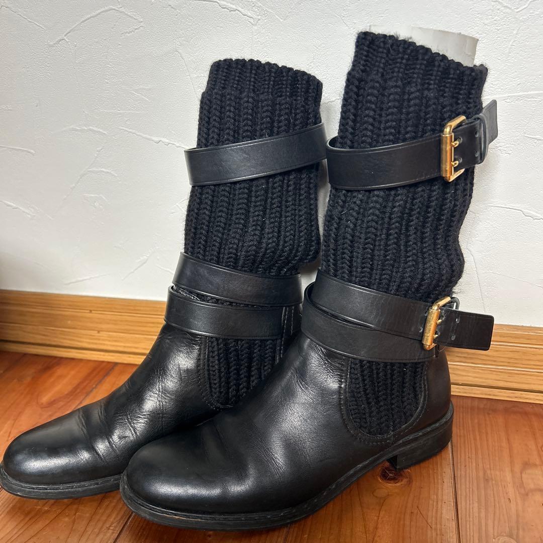 GUCCI★ニット ブーツ レザー 切り替え ブラック 23.5