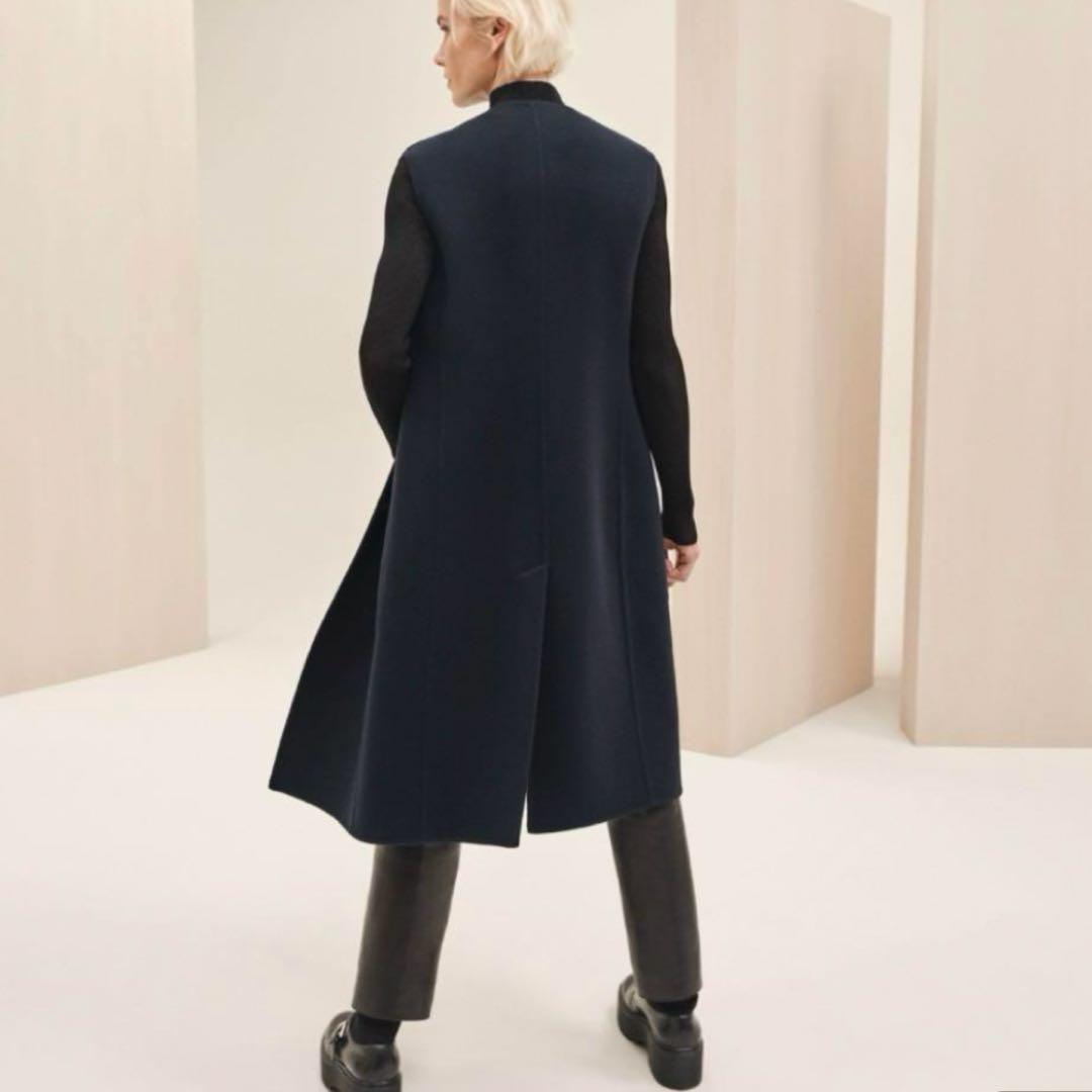 HERMES カシミヤ ジレ ロング ブルー ノワール ダブルフェイス32 式典